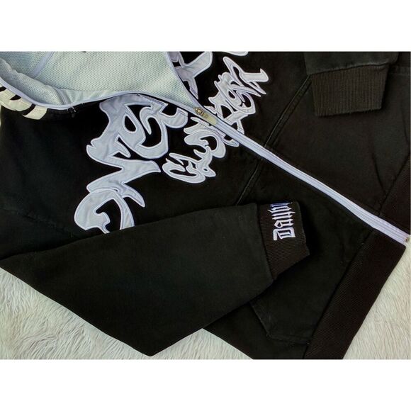 Y2K Black SZ S Irregular Pattern Gothic Punk Full Zip-Up Hoodie Jacket - Picture 8 of 15